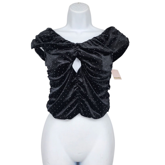 Free People The Frolic Black Crushed Velvet Cutout Cropped Top Size Large - Picture 1 of 5